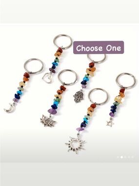 Chakra Stone Bead Keychain with Silver Charm - Assorted Symbols CHOOSE ONE